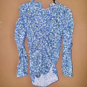 ZARA Women's Floral Print Ruched Blouse Blue Size Small